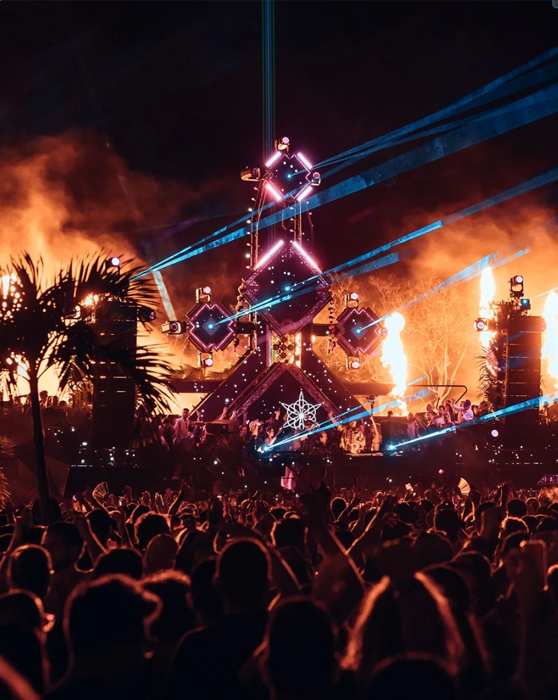 Neon stage with fire columns at Zamna Tulum